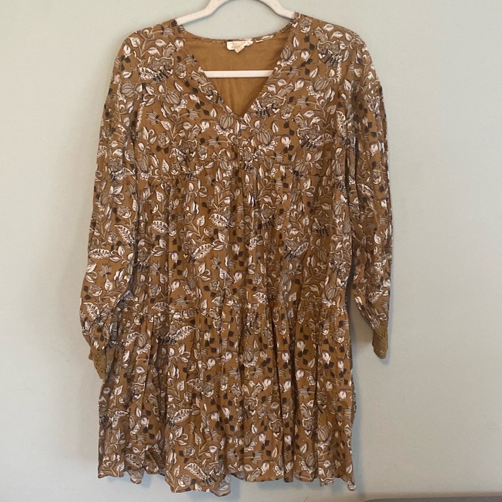 Anthropology let me be mini dress long sleeve mustard color floral print size 4